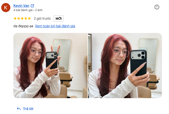 Ảnh chụp đánh giá của Kevin Van. Khách hàng chia sẻ ảnh mái tóc sau khi làm tại salon.