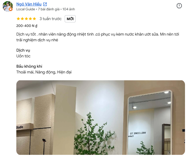 Ảnh chụp đánh giá của Ngô Văn Hiếu. Cảm nhận về đội ngũ và dịch vụ uốn tóc.