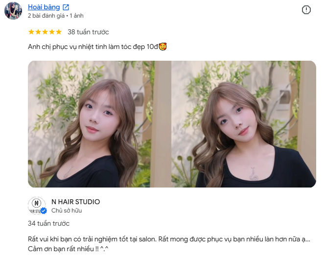 Ảnh chụp đánh giá của Hoài băng. Khách hàng chia sẻ hình ảnh mái tóc và đánh giá về phục vụ.