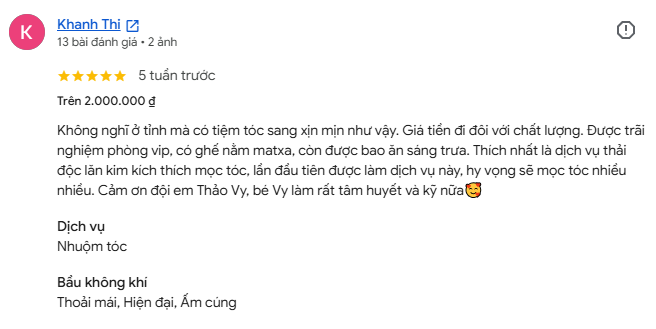 Ảnh chụp đánh giá của Khanh Thi. Cảm nhận về chất lượng, chăm sóc và trải nghiệm tại tiệm.